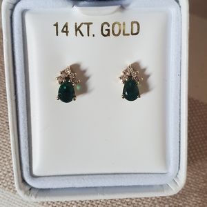 14k Gold Emerald Diamond Stud Earrings